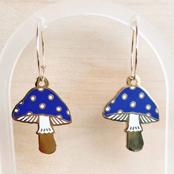 ART BY CIARA  Gold Filled Blue Mushroom Earrings - Picture 1 of 4